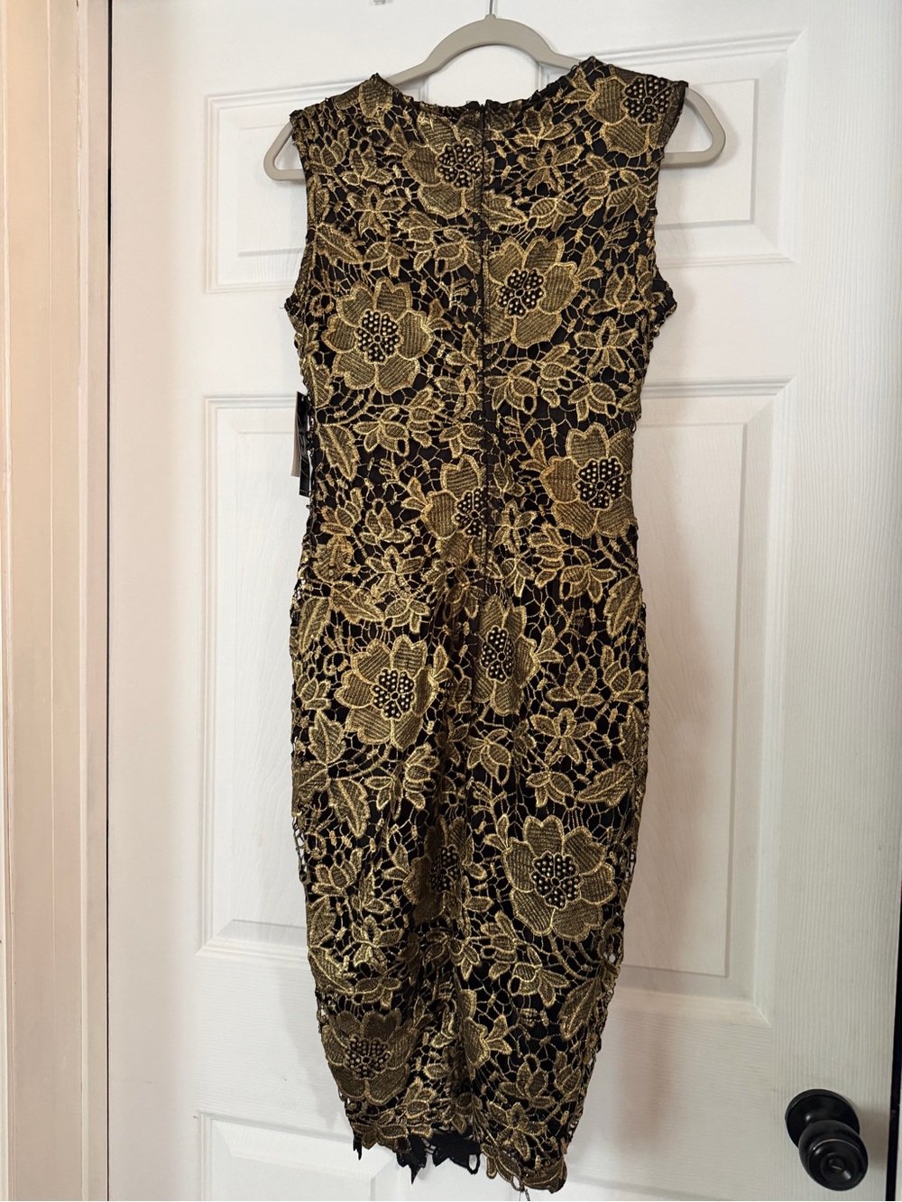 New York & Company Black and Gold Floral Lace Midi Sheath Dress - Picture 5 of 8